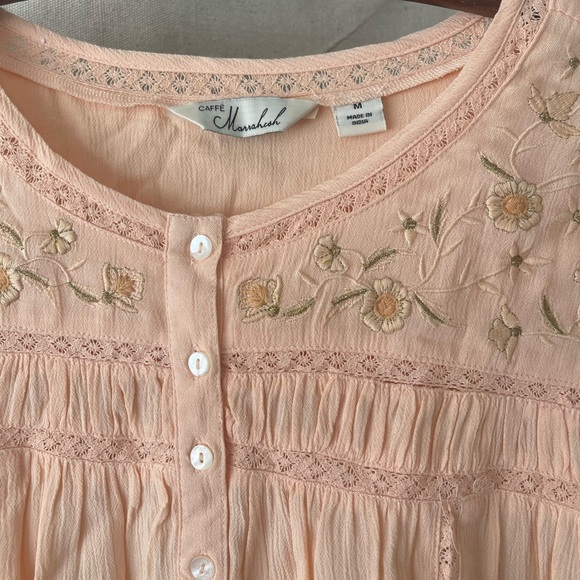 Café Marrakesh Women's Smocked Peach Babydoll Blouse with Floral Embroidery - Picture 2 of 11